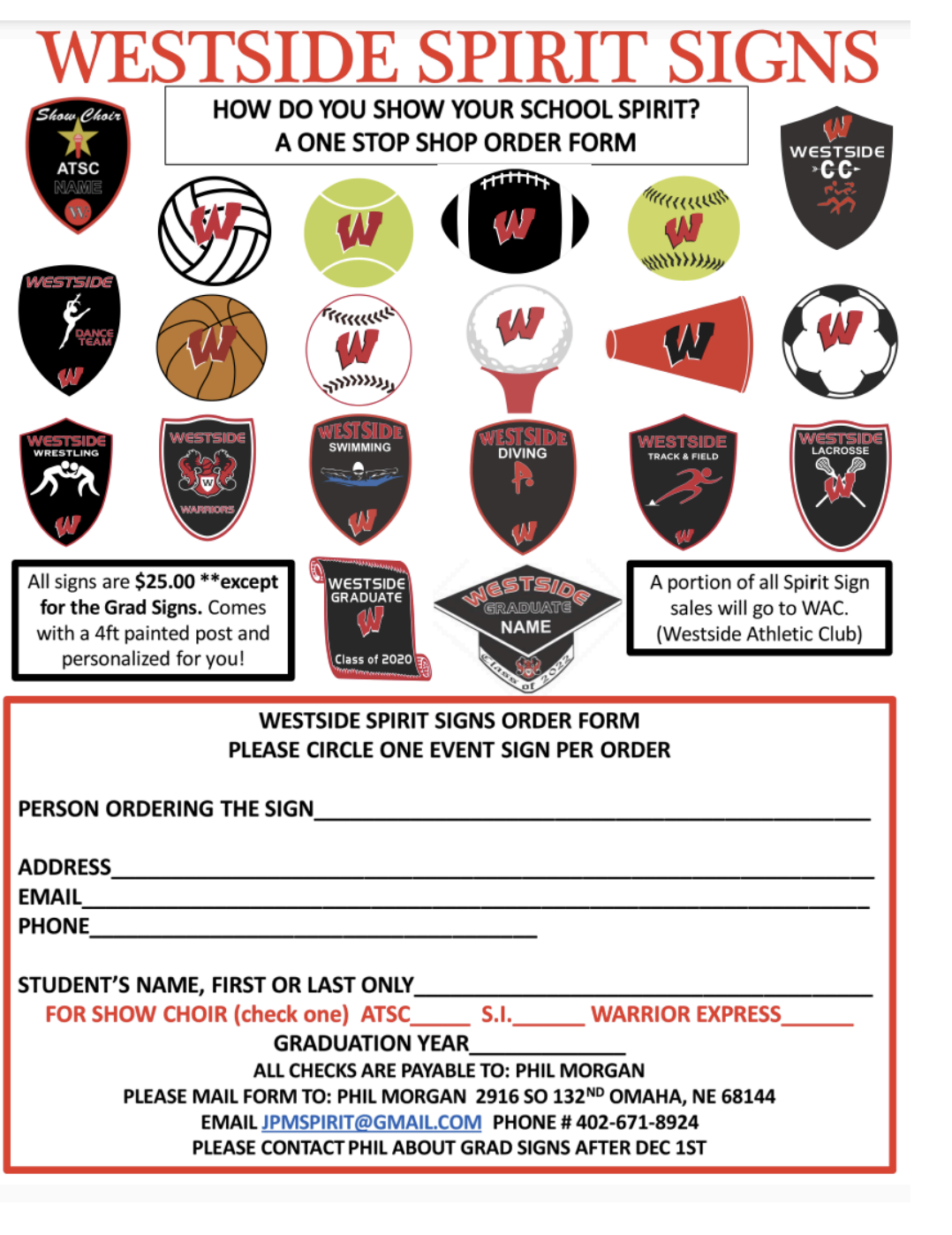 Westside Spirit Signs Order Form - Complete form showing all available sign designs and order information